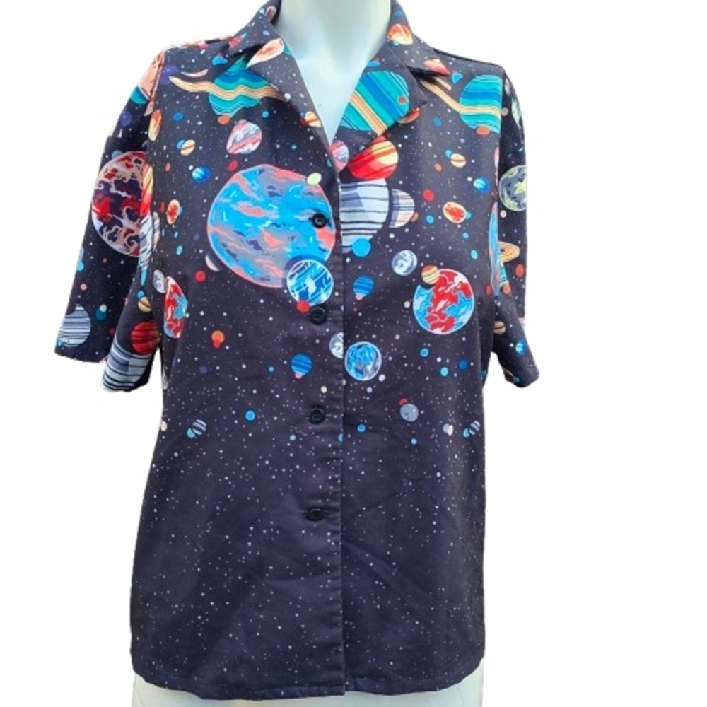 Space-Themed Women Shirt  Women's Casual V Neck Collared Button Up Blouse